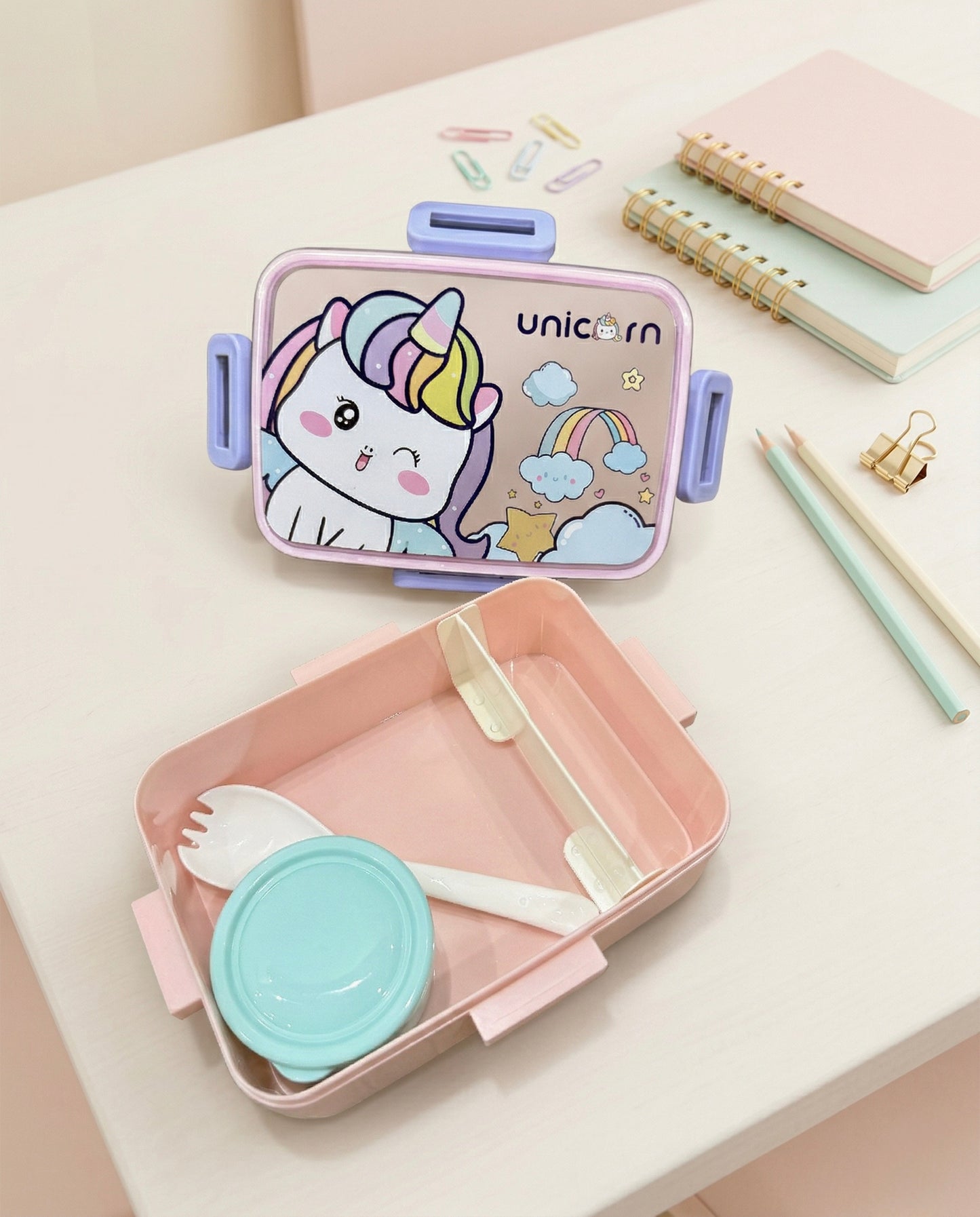 Pink unicorn-themed stainless steel lunch box for girls, school tiffin