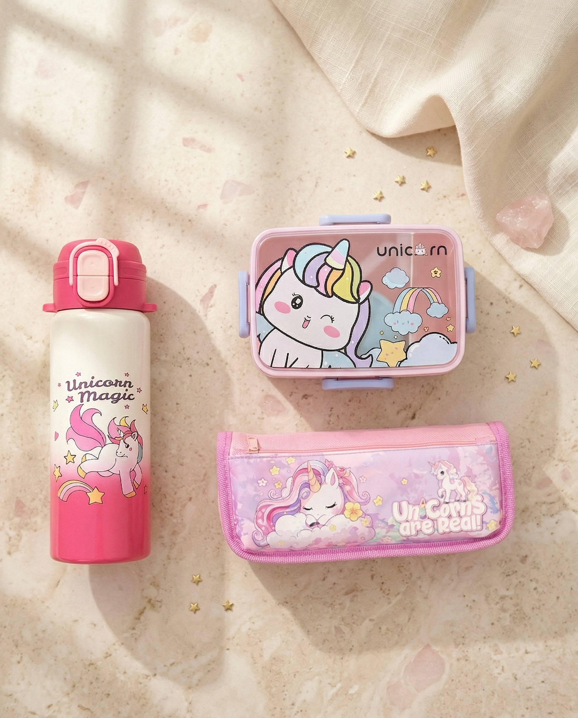 Unicorn magic school set with lunch box, water bottle and stationery pouch