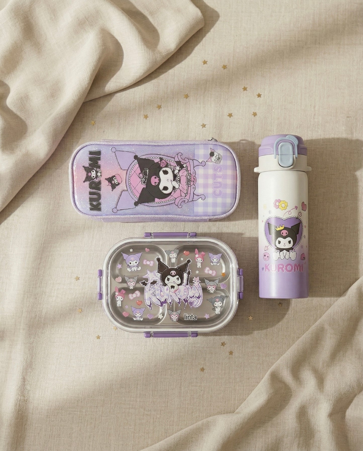 Kuromi style school set with lunch box, water bottle and stationery pouch