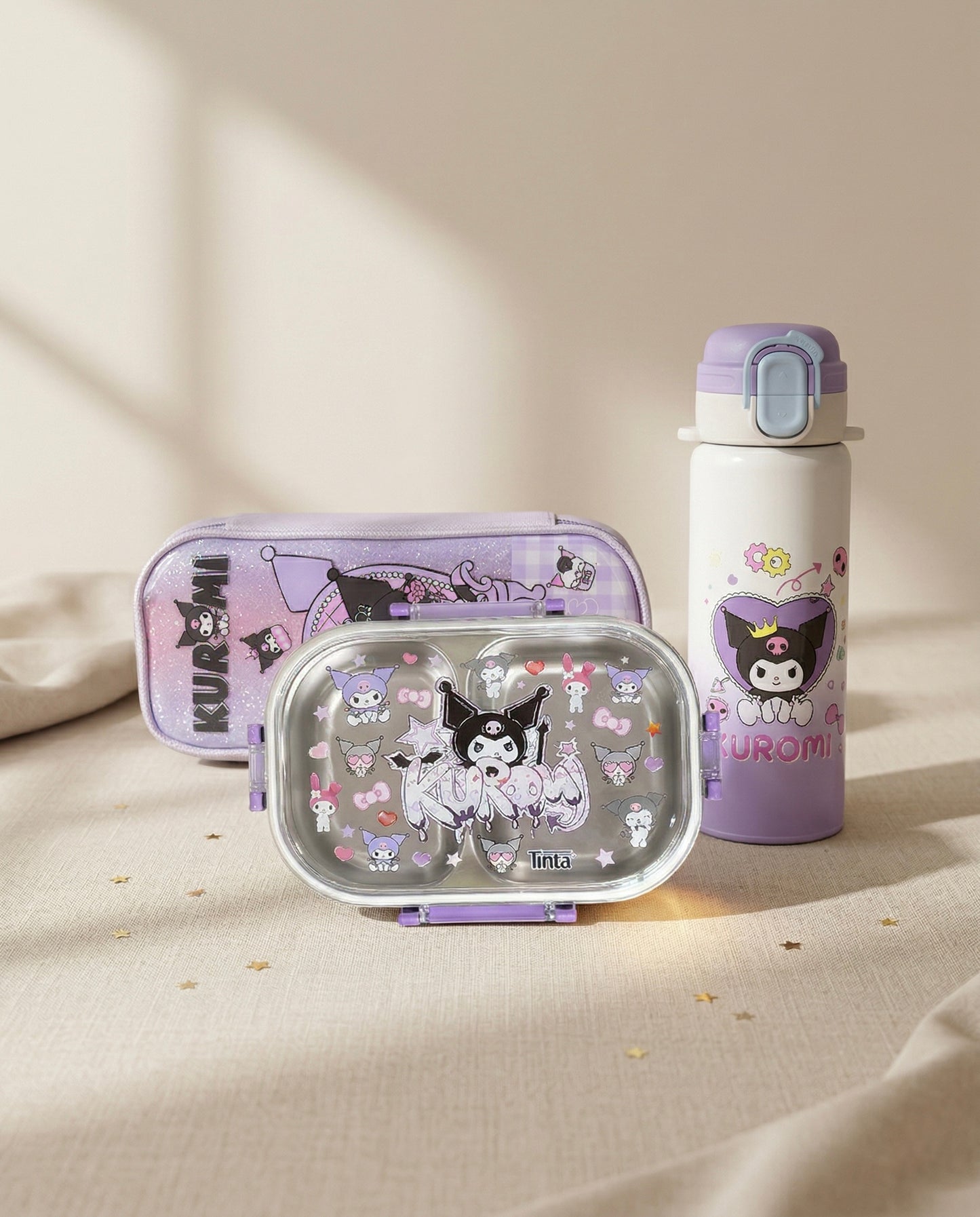 Kuromi themed lunch box and pouch flat lay for school