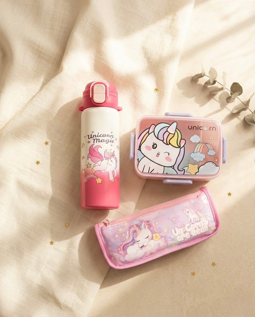 Pink unicorn lunch box and pouch flat lay for school girls