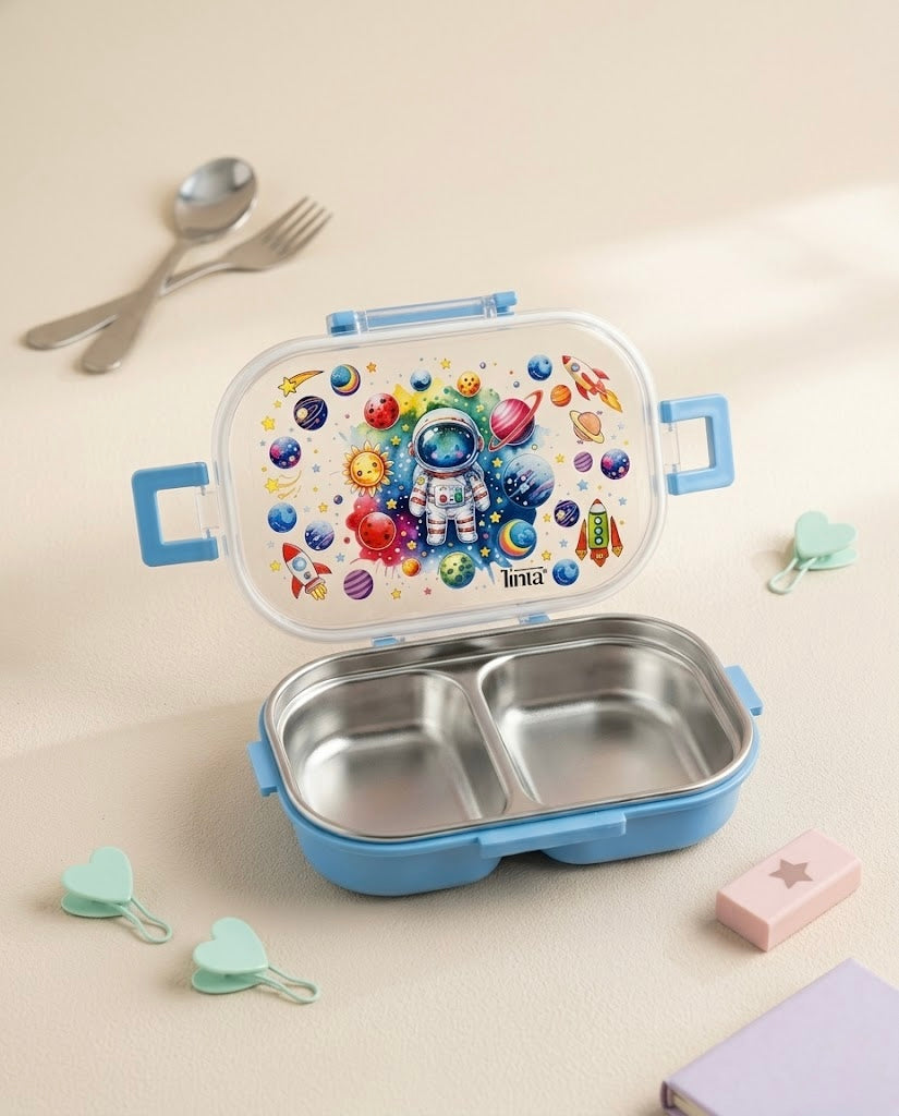 Stainless steel kids blue lunch box for school tiffin with compartments