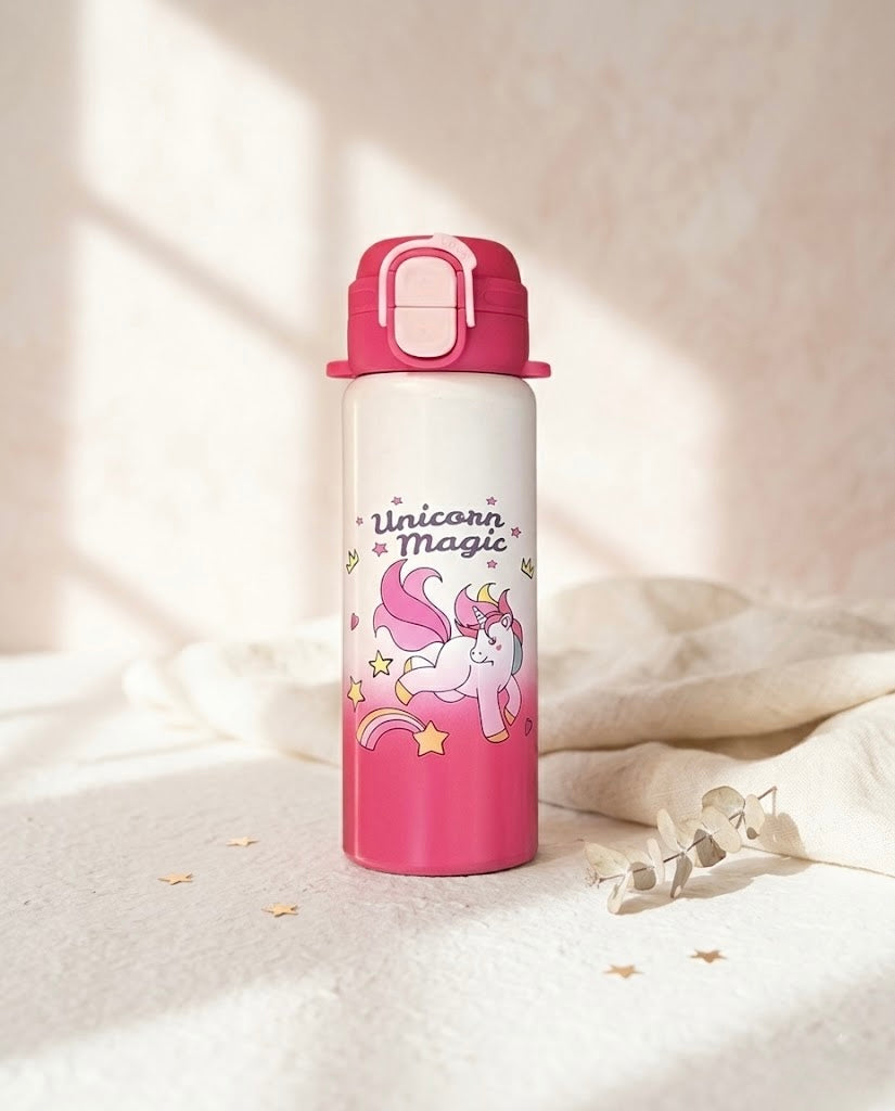 Pink unicorn-themed insulated water bottle 500ml for girls