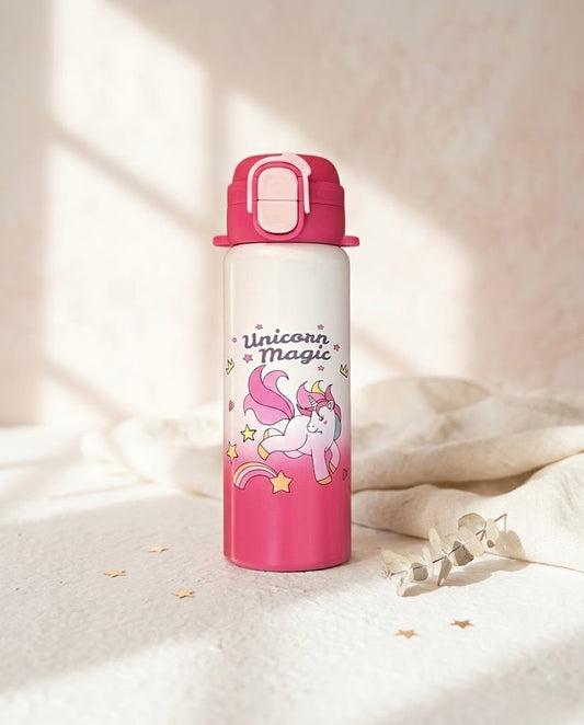 Pink unicorn-themed insulated water bottle 500ml for girls