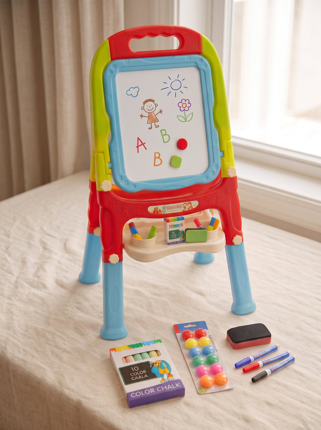 Kids drawing easel and whiteboard with ABC and chalk